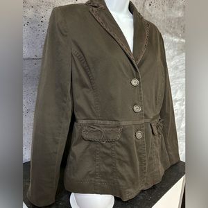 Simon Chang Olive Brown Tailored Blazer Jacket Distressed Trim Peplum Size 4